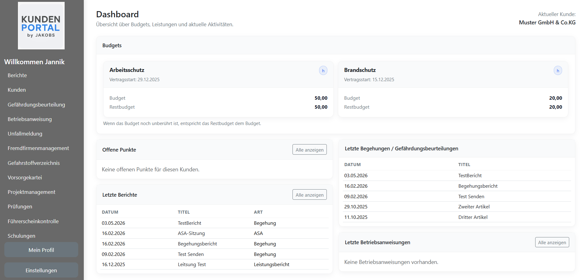 Dashboard des Jakobs Consulting Kundenportals mit Arbeitsschutz- und Brandschutzübersicht